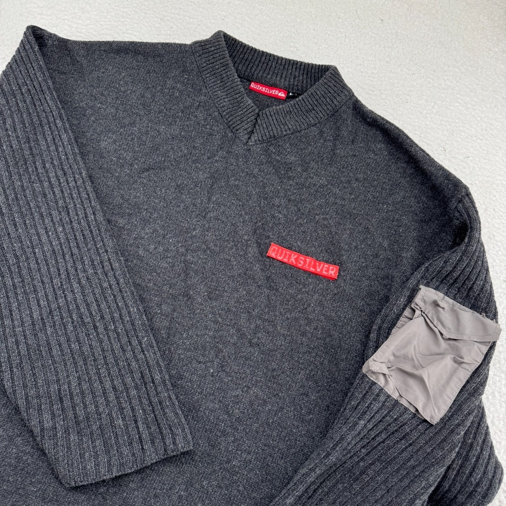 Vintage Quiksilver Wool Sweater Men Large Gray Sleeve Pocket Pullover Surf Skate